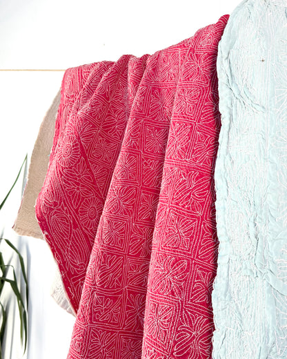 Embroidered Sujini Vintage Kantha Quilt In Red With White Embroidery