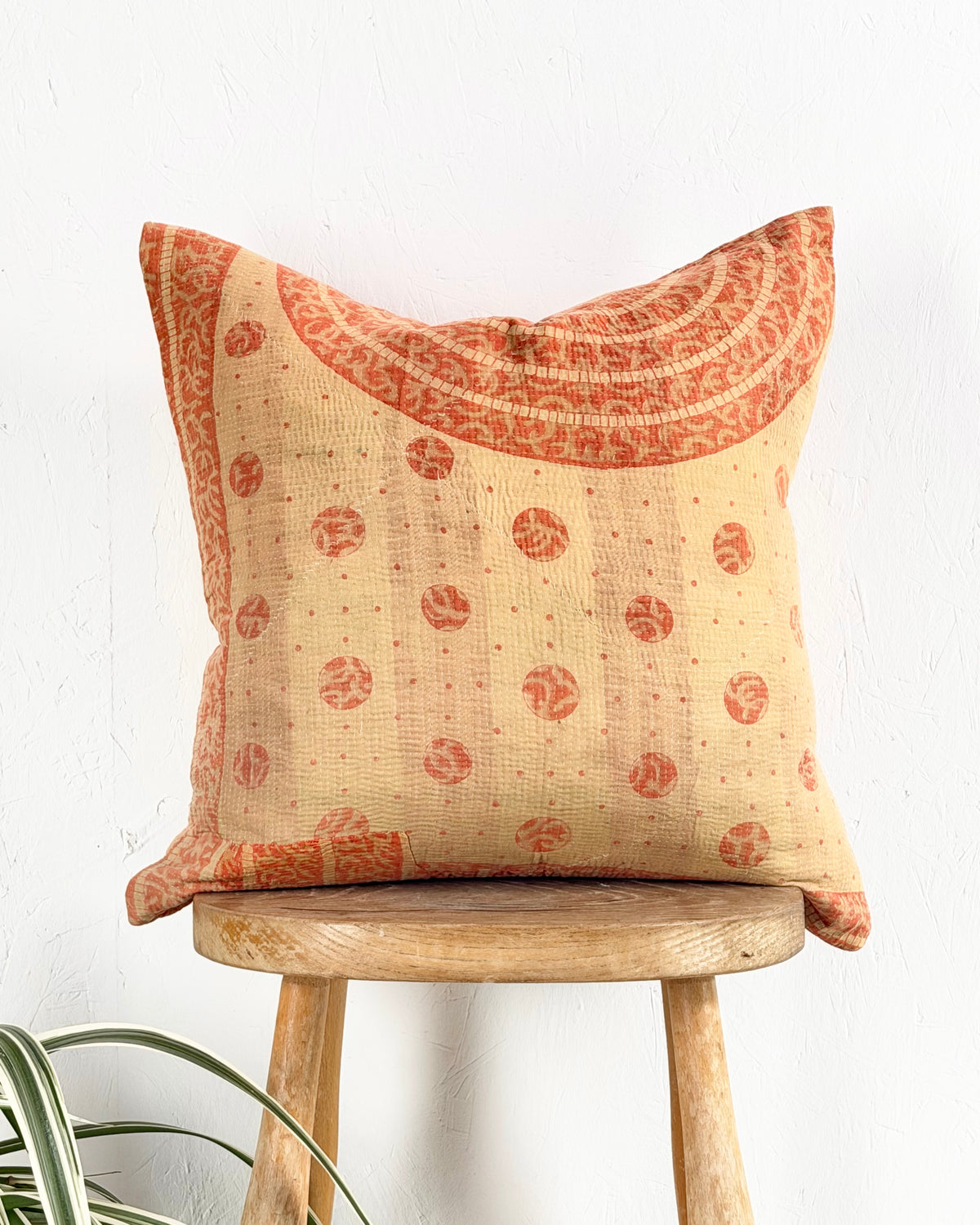Handmade Vintage Kantha Cushion Cover In Orange and Beige - 45cm (18") Square