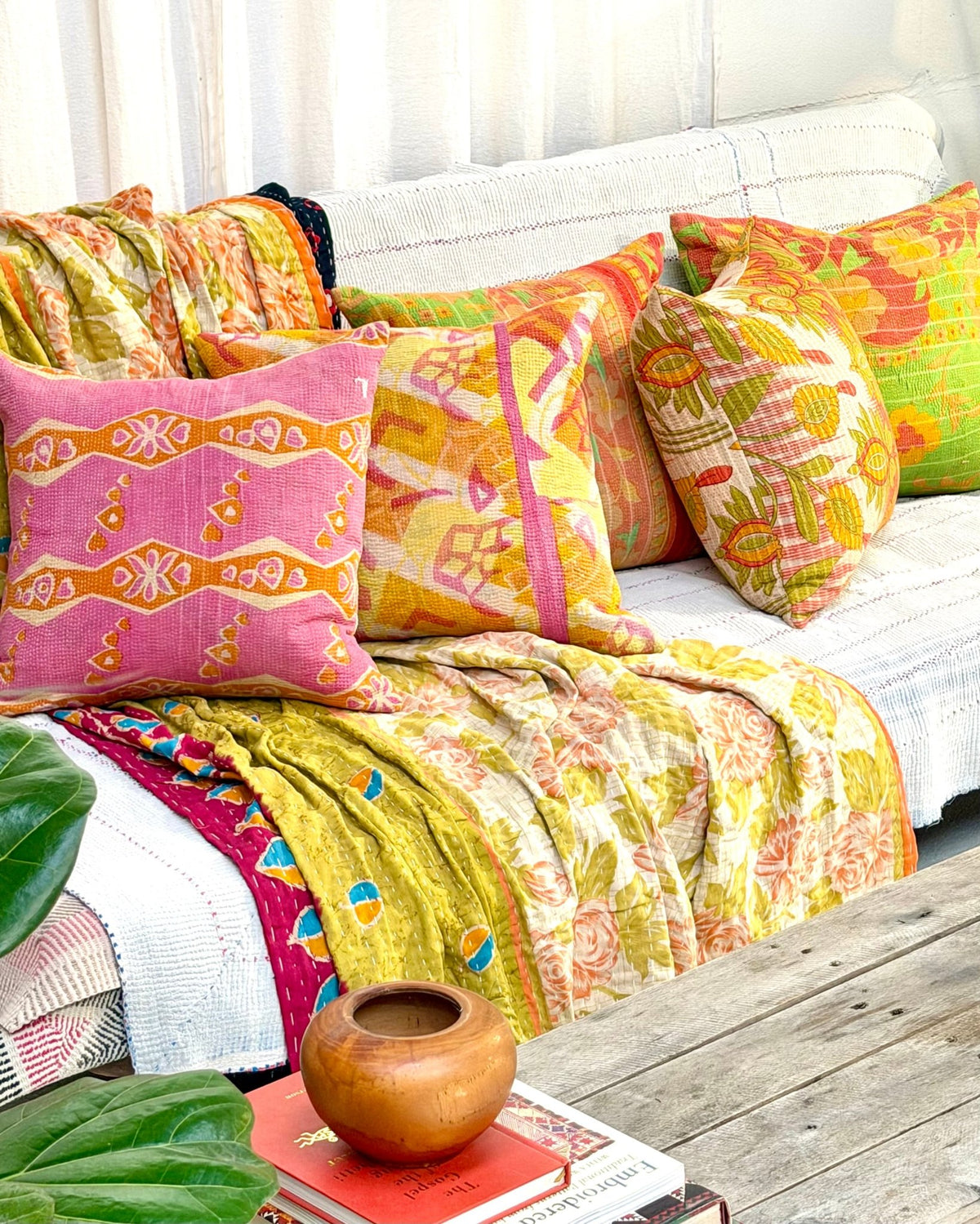 Handmade Reversible Vintage Kantha Cushion Cover In Pink and Yellow - 45cm (18") - Biggs & Hill
