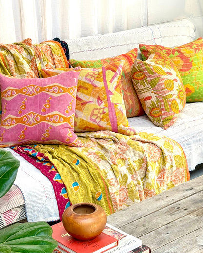 Handmade Reversible Vintage Kantha Cushion Cover In Pink and Yellow - 45cm (18") - Biggs & Hill
