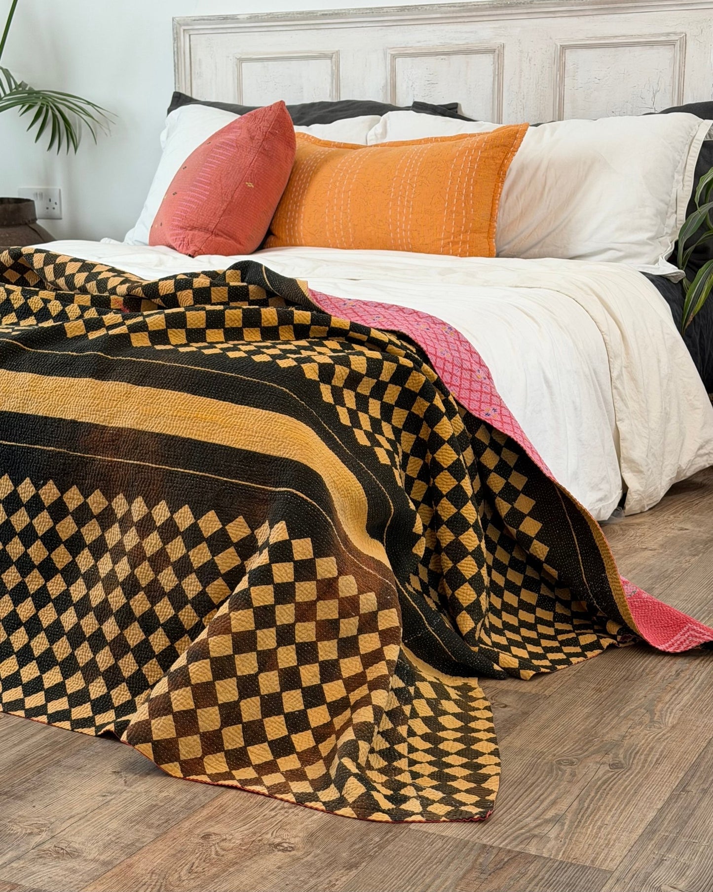 Large Fine Stitched Vintage Kantha Quilt in Chequered Yellow and Black and Pink - Biggs & Hill