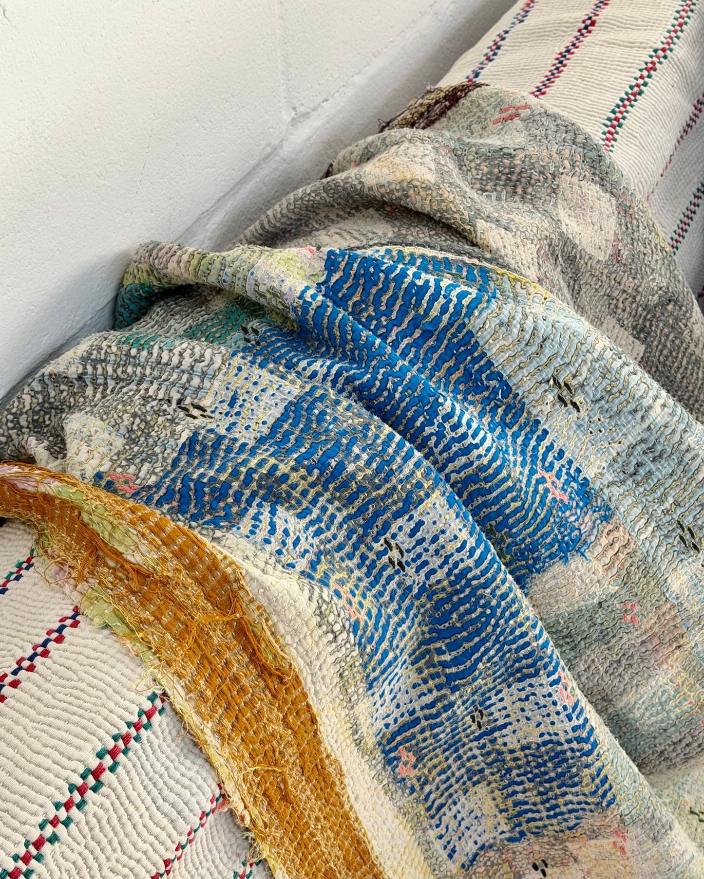Textured Vintage Kantha Quilt In Blue and Gold - Biggs & Hill