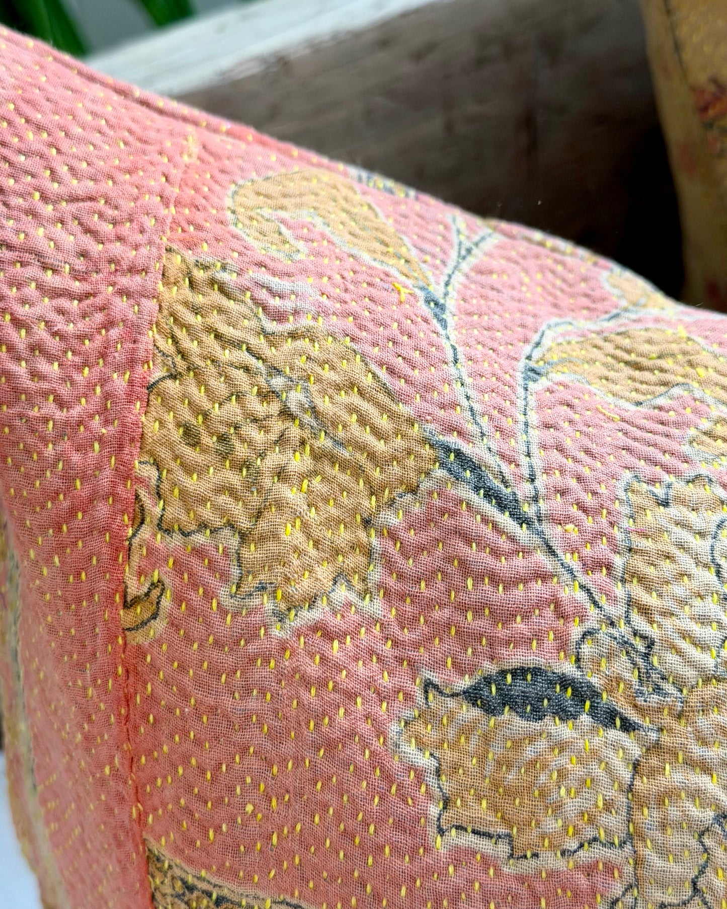 Vintage Kantha Cushion With Yellow Flowers - 45cm Square