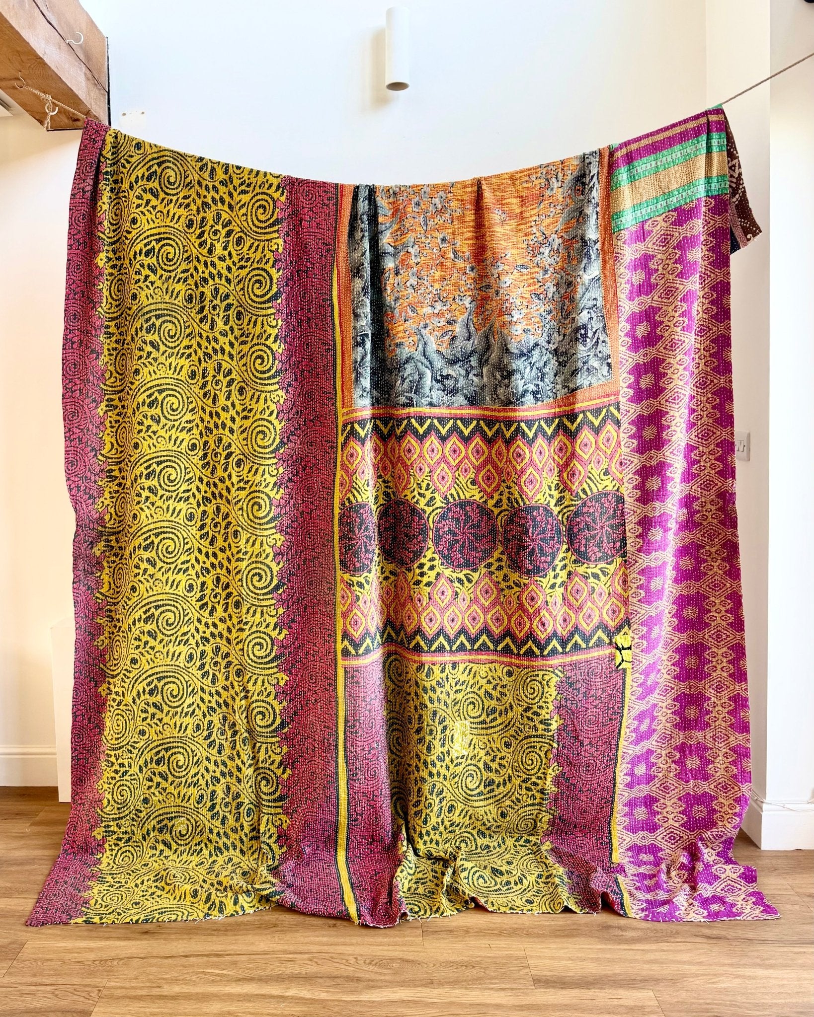 Super King Vintage Kantha Quilt in Green, Purple, Yellow and Red - Biggs & Hill