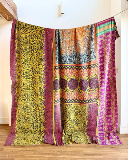 Super King Vintage Kantha Quilt in Green, Purple, Yellow and Red - Biggs & Hill