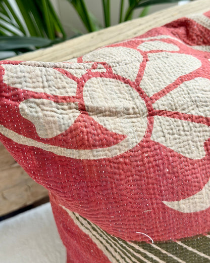 Vintage Kantha Cushion In Green and Pink- 45cm Square
