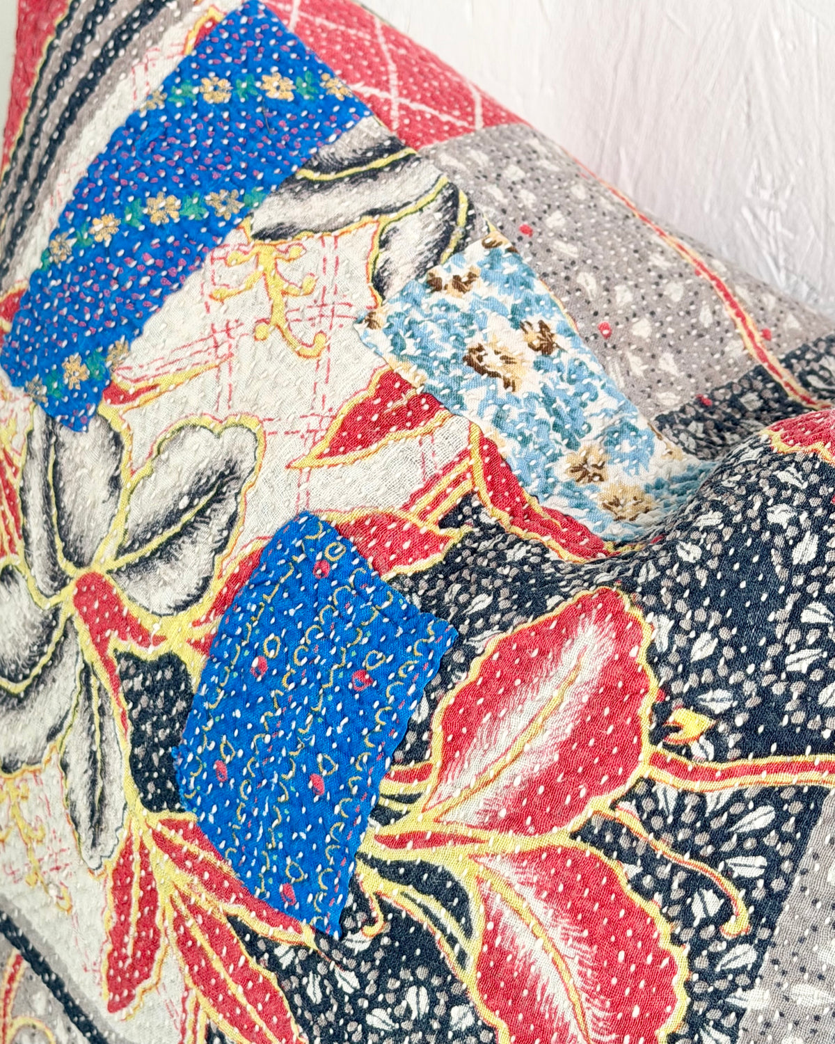 Handmade Vintage Kantha Cushion Cover In Red and Blue - 45cm (18") Square