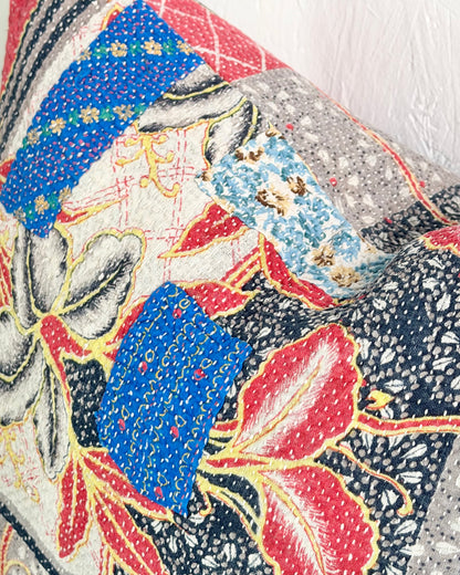 Handmade Vintage Kantha Cushion Cover In Red and Blue - 45cm (18") Square