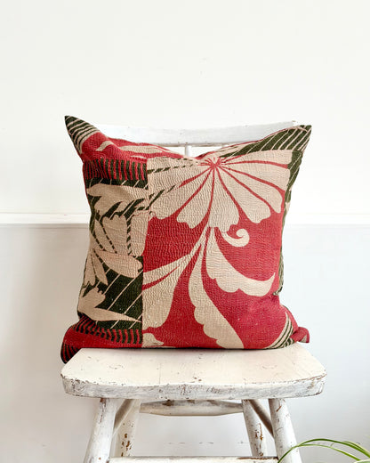 Vintage Kantha Cushion In Green and Pink- 45cm Square