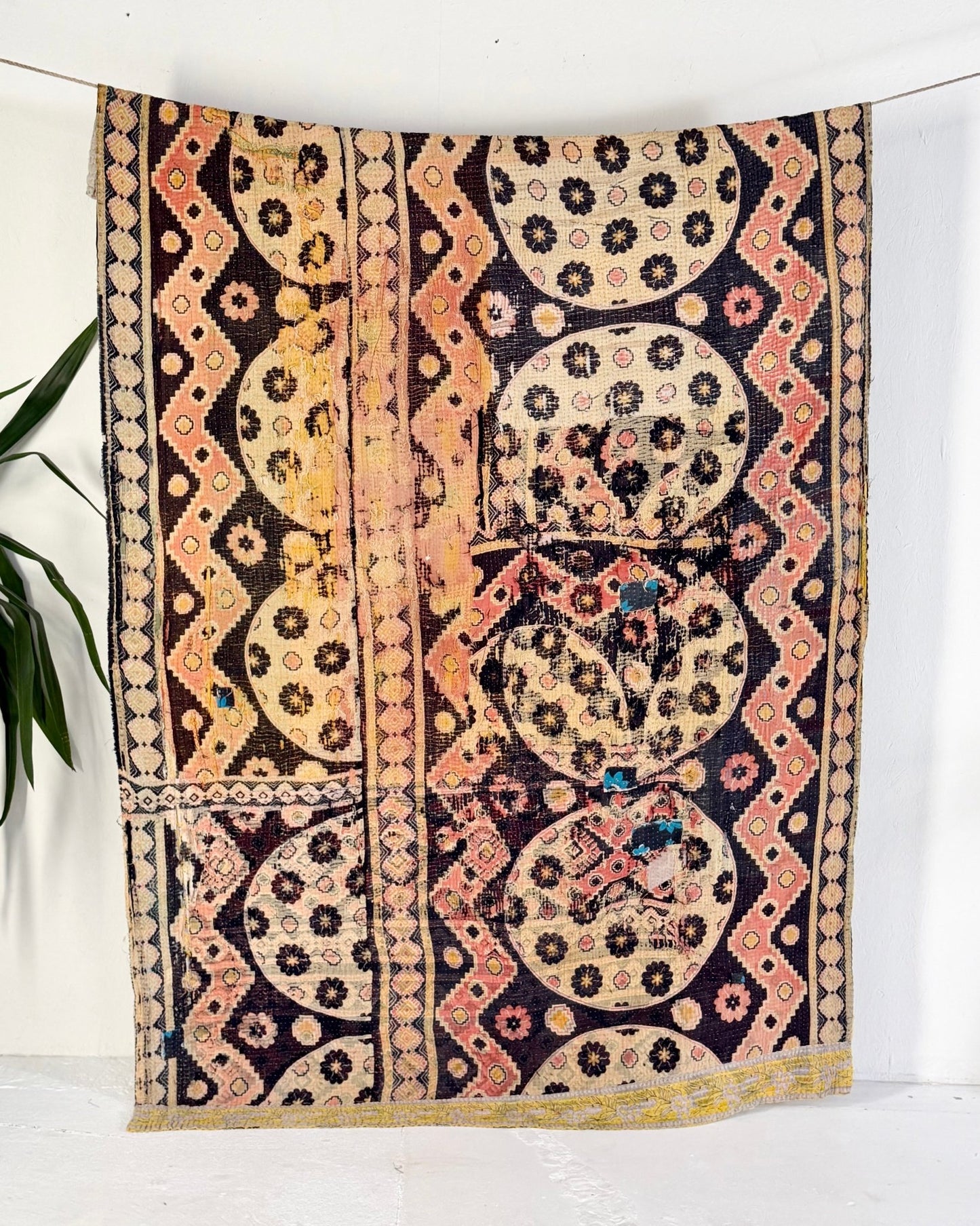 Large Textured Vintage Kantha Quilt In Geometric Peach and Black - Biggs & Hill