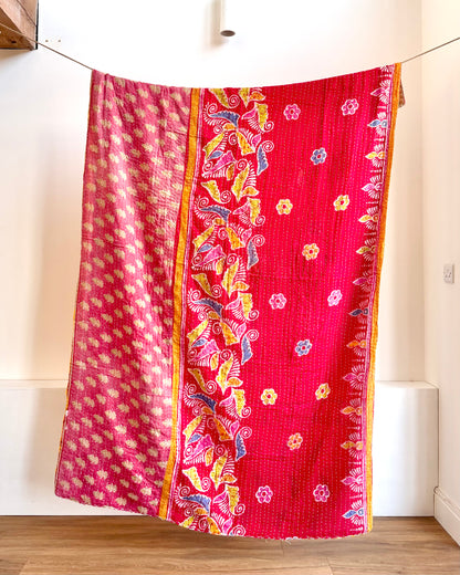 Vintage Cotton Kantha Quilt In Yellow and Red #43
