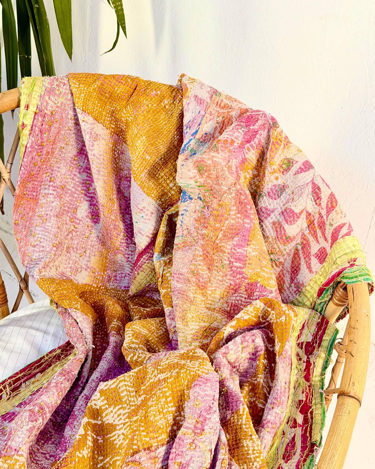 Textured Vintage Kantha Quilt In Pink and Yellow