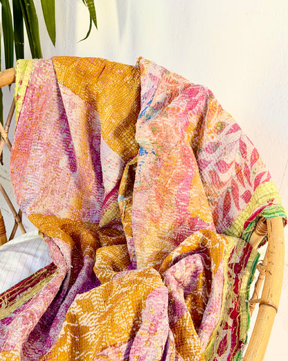 Textured Vintage Kantha Quilt In Pink and Yellow