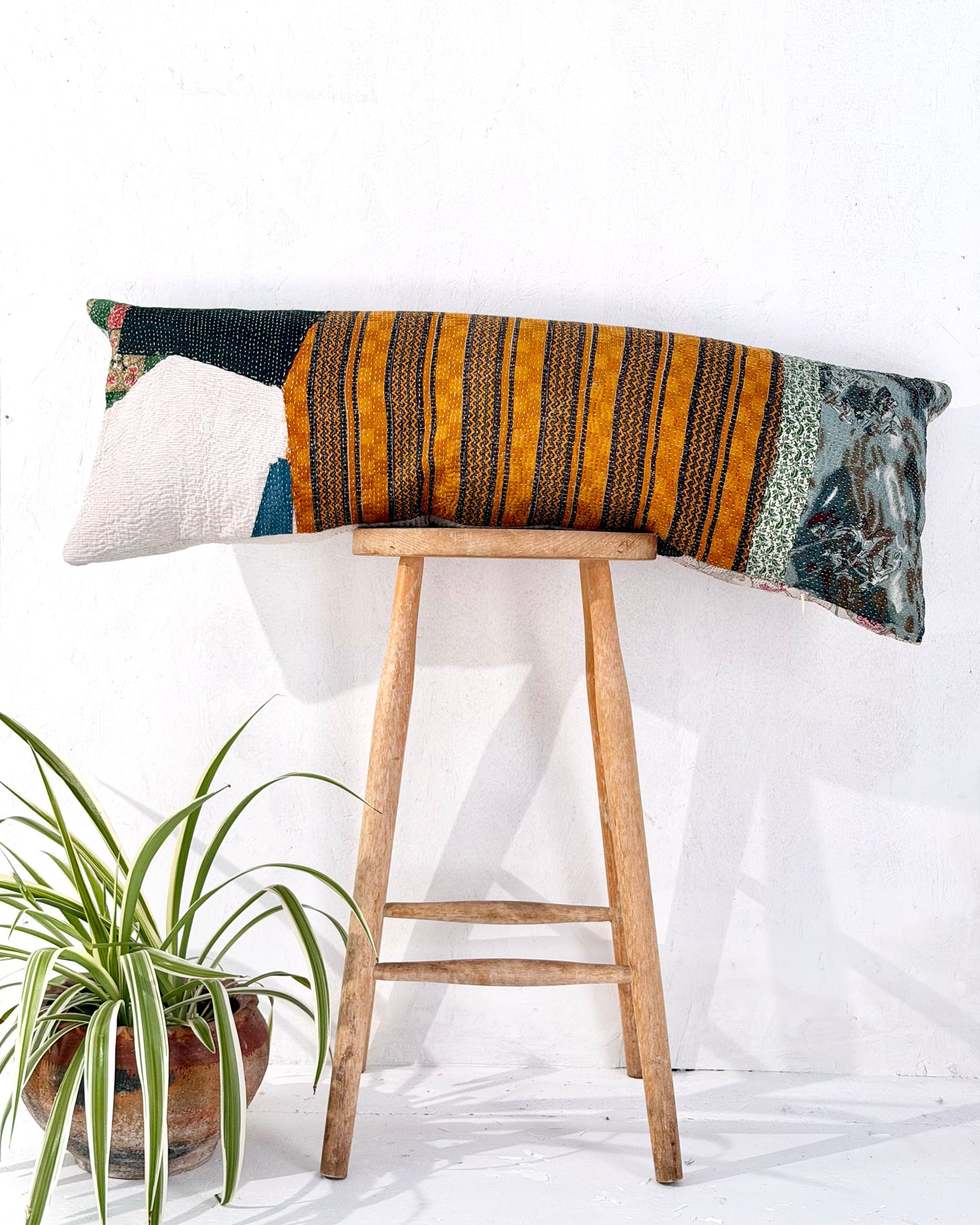Vintage Kantha Bolster Cushion Cover In Patchwork Orange, Green and White - 100cm