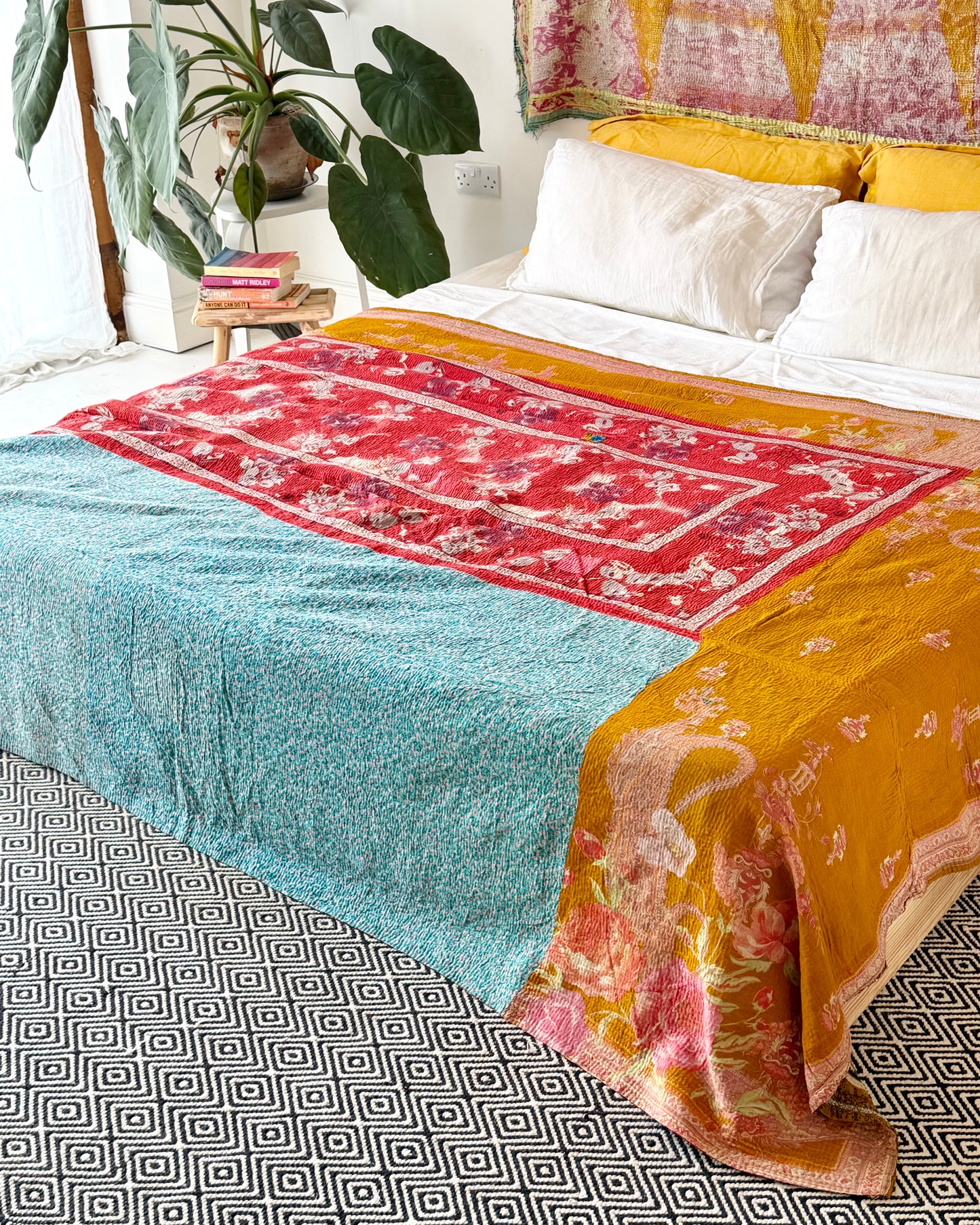 Extra Large Large Fine Stitched Vintage Kantha Quilt in Vibrant Pink, Turquoise, Mustard and Red