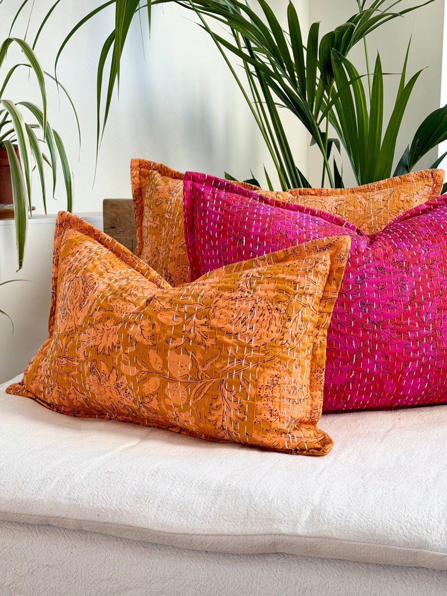 Sunset Orange Floral Block Printed Hand Stitched Rectangular Kantha Cushion - Biggs & Hill
