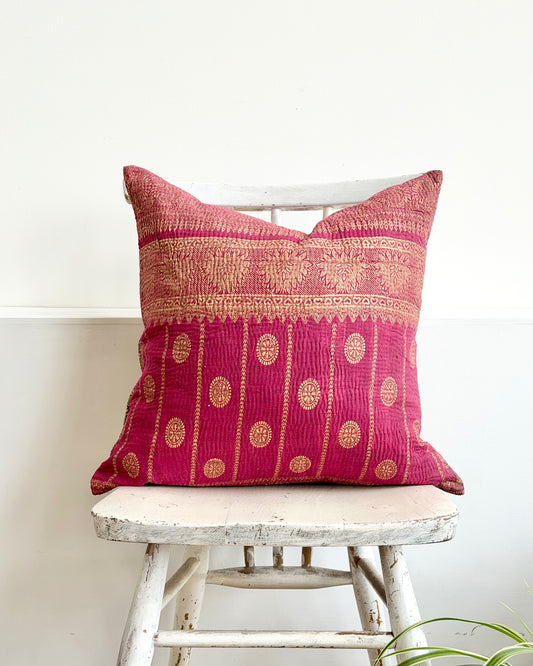 Vintage Kantha Cushion In Burgundy and Gold Dots - 45cm Square