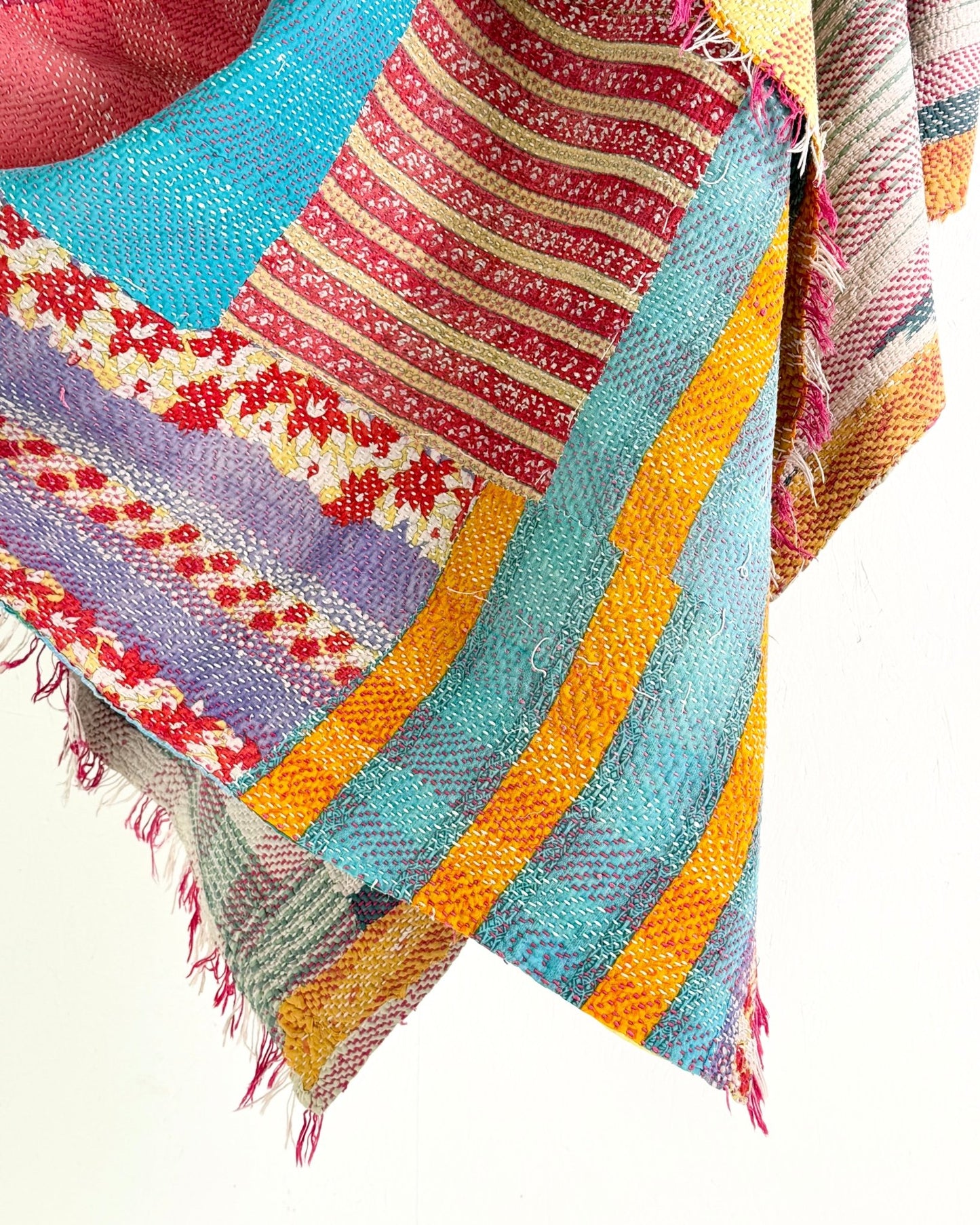Heavy Kantha Blanket Quilt In Orange, Pink and Blue Colour Blocks - Biggs & Hill