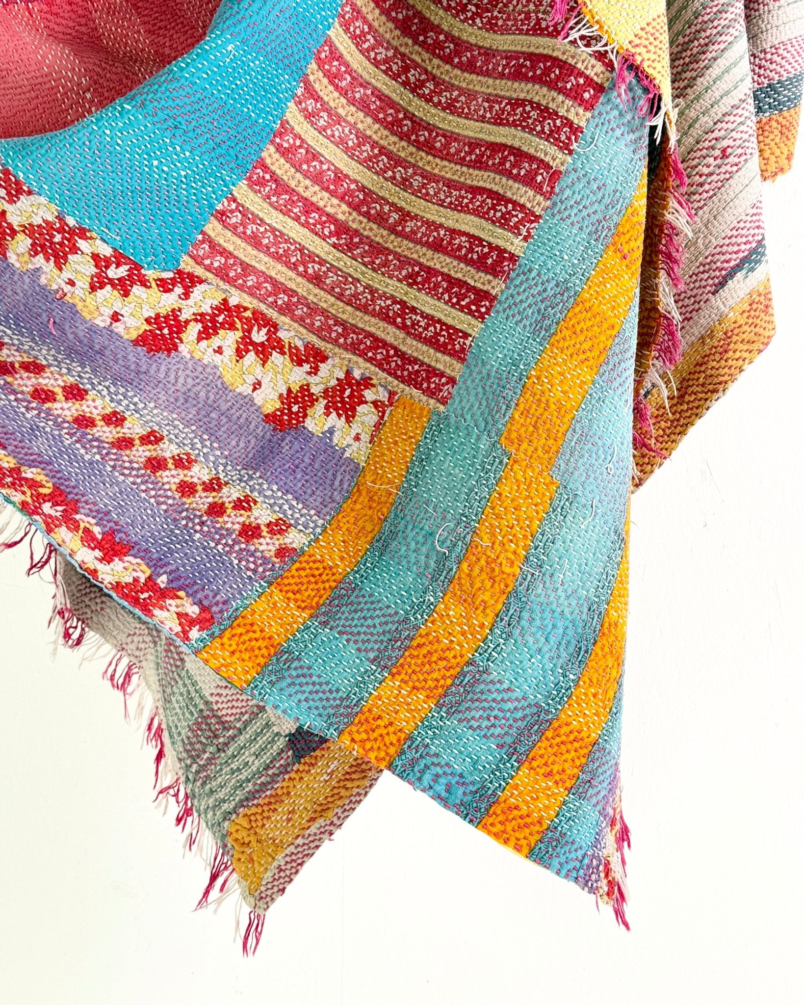 Heavy Kantha Blanket Quilt In Orange, Pink and Blue Colour Blocks - Biggs & Hill