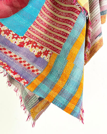 Heavy Kantha Blanket Quilt In Orange, Pink and Blue Colour Blocks - Biggs & Hill