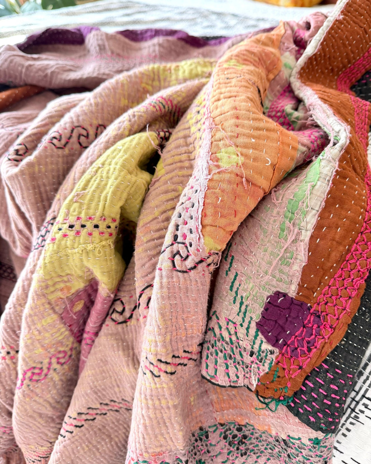 Extra Large Fine Stitched Embroidered Vintage Kantha Quilt in Pink and Brown - [studio pictures] - Biggs & Hill