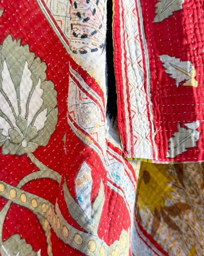 Large Fine Stitched Vintage Kantha Quilt in Pink, Red and Yellow