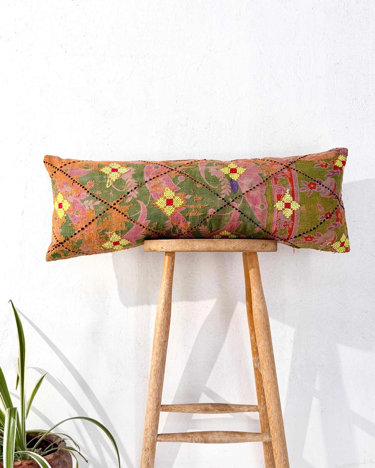 Vintage Kantha Bolster Cushion Cover In Textured Green and Orange 80cm
