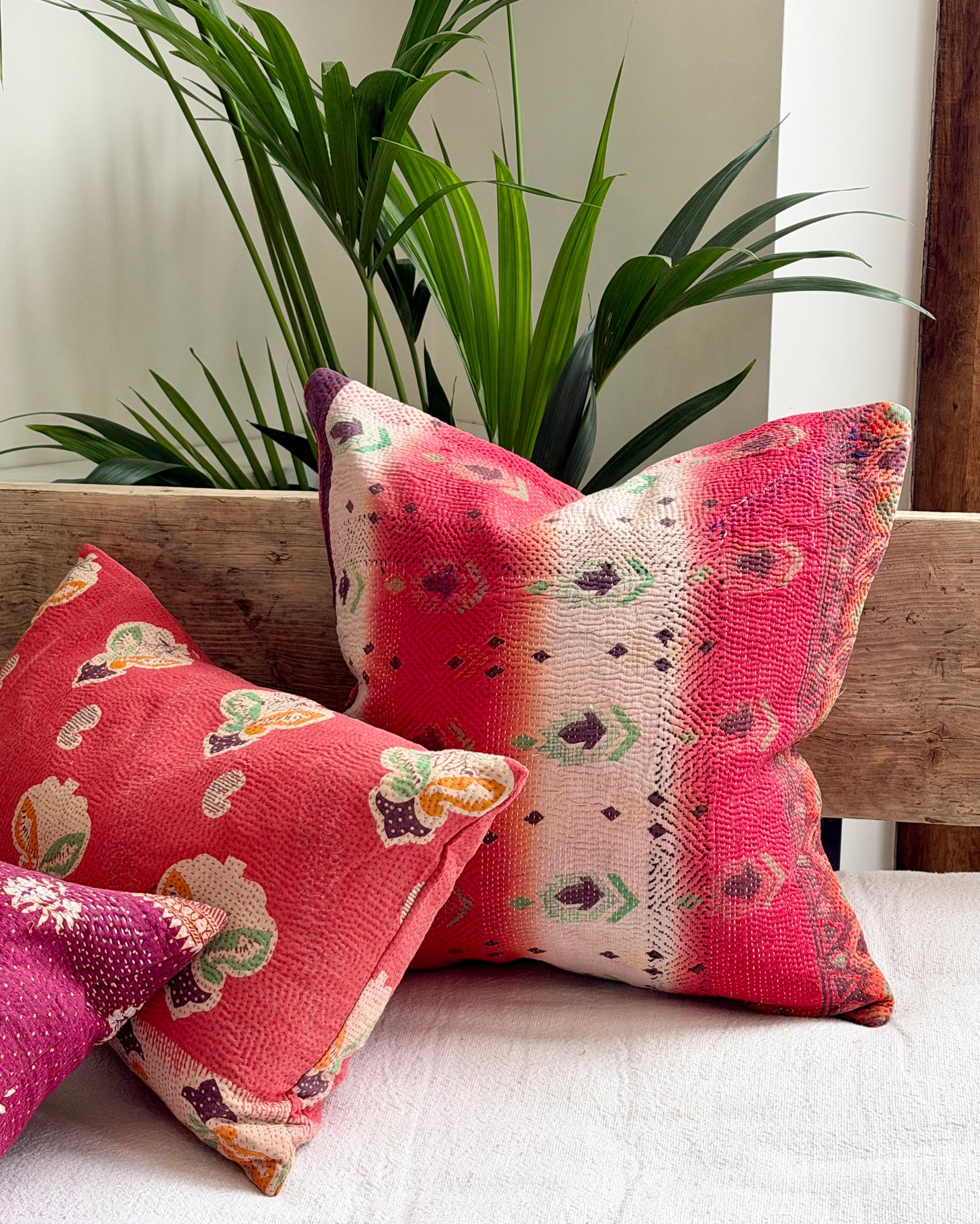 Vintage Kantha Cushion In Pink, White and Purple - 45cm Square