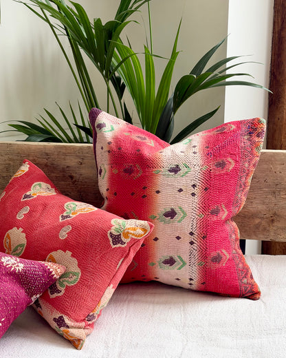 Vintage Kantha Cushion In Pink, White and Purple - 45cm Square