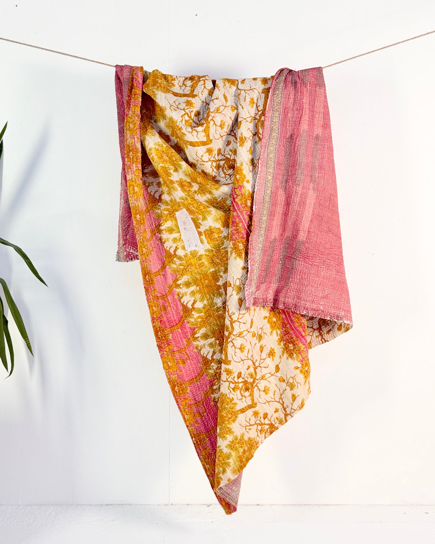 Extra Large Large Fine Stitched Vintage Kantha Quilt in Pink and Yellow