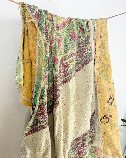 Project Kantha Quilt: Large Scale Print in Beige and Yellow - Biggs & Hill