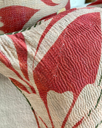 Vintage Kantha Cushion In Forest Green and Pink - Small Rectangular