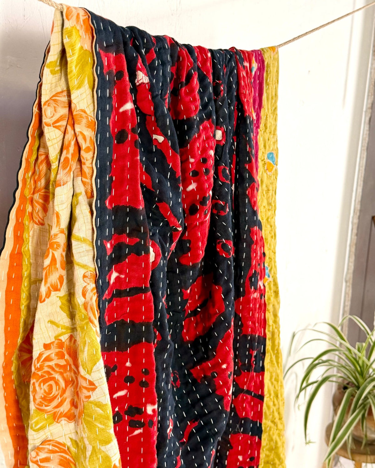 Vintage Cotton Kantha Quilt In Yellow, Black and Red 05 - Biggs & Hill