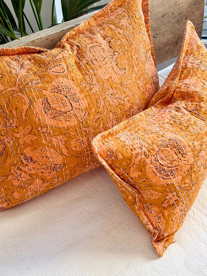 Sunset Orange Floral Block Printed Hand Stitched Rectangular Kantha Cushion - Biggs & Hill