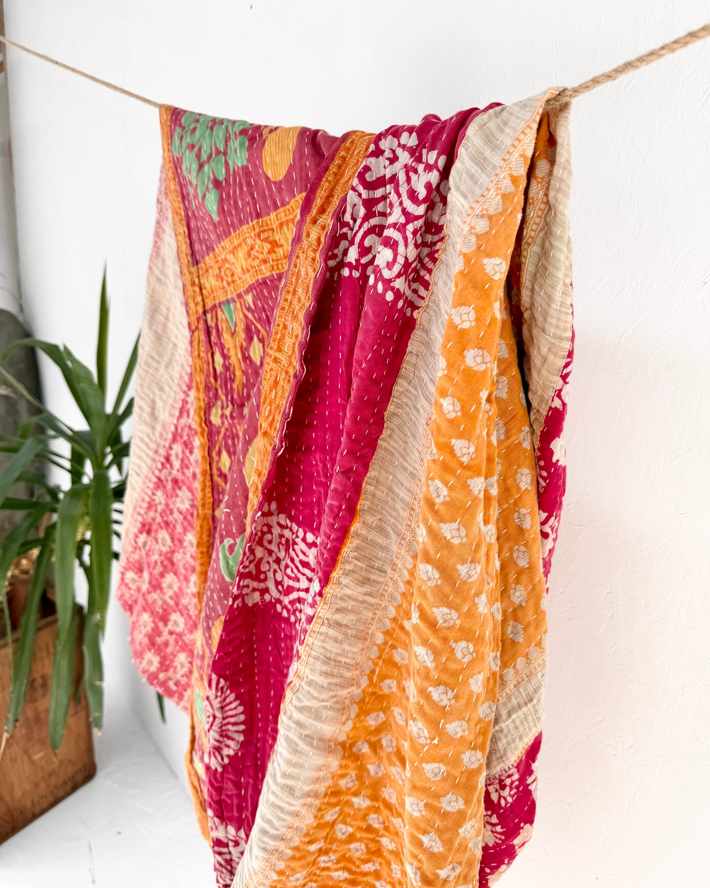 Vintage Cotton Kantha Quilt In Yellow and Pink #49