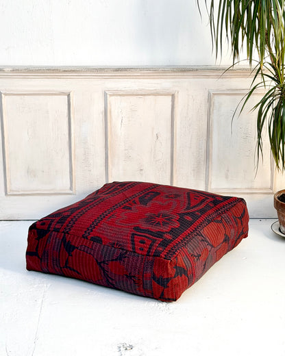 Large Square Kantha Floor Cushion Cover In Burgundy
