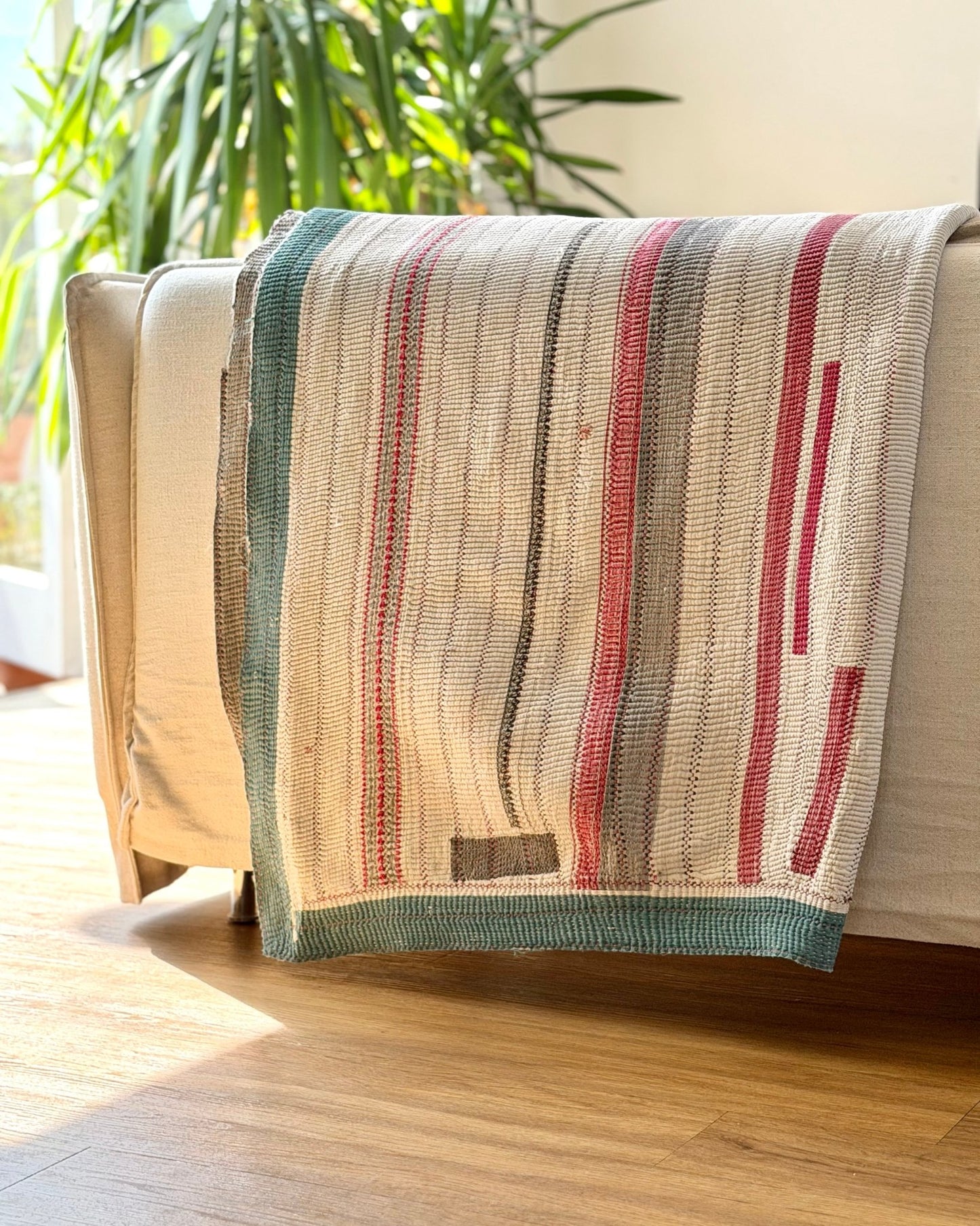 Large Heavy Fine Stitched Embroidered Vintage Kantha Quilt in White and Pink - Biggs & Hill