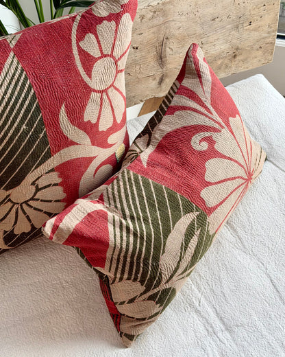 Vintage Kantha Cushion In Forest Green and Pink - Small Rectangular