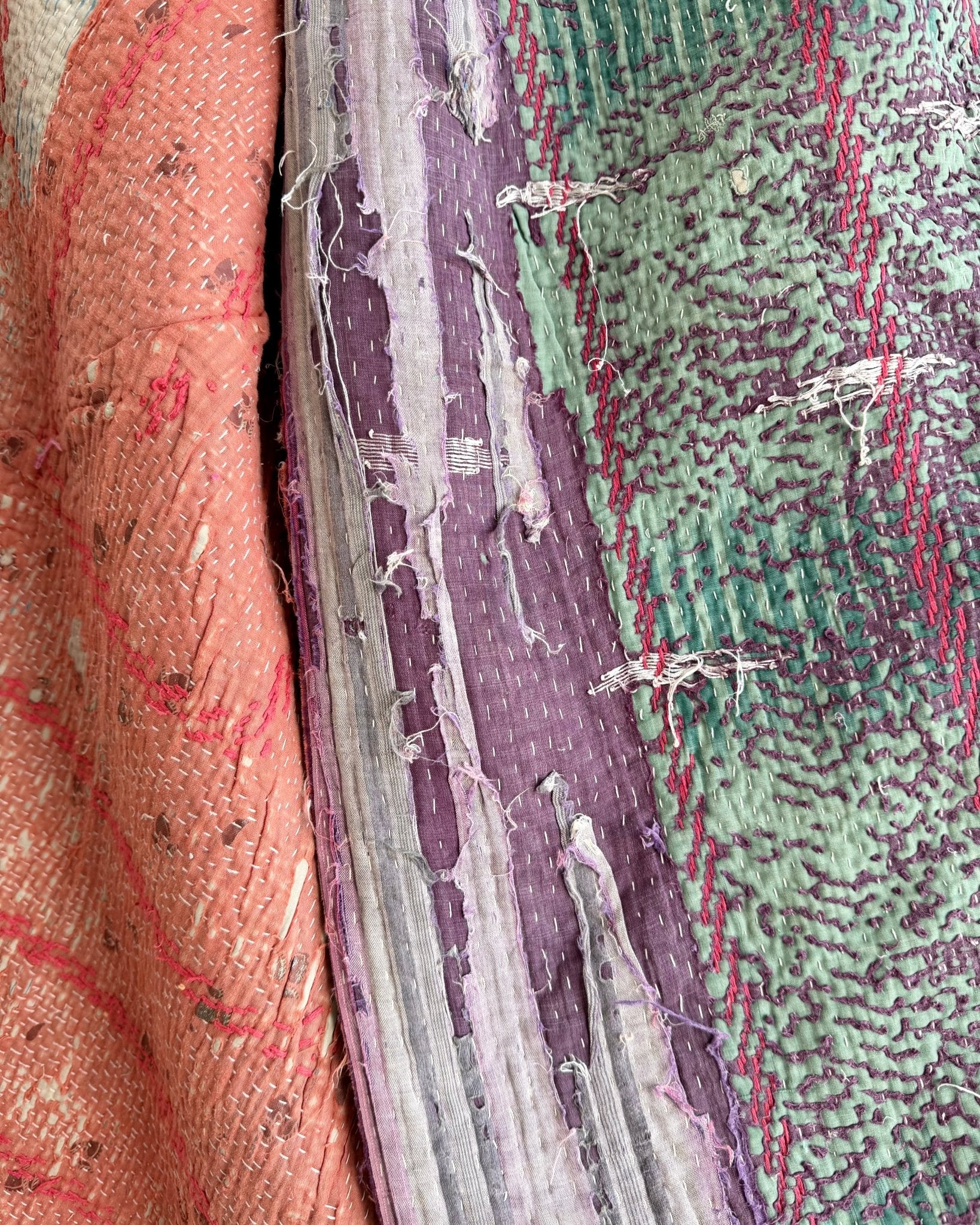 Project Kantha Quilt: Pink, Green and Purple with Embroidery - Biggs & Hill