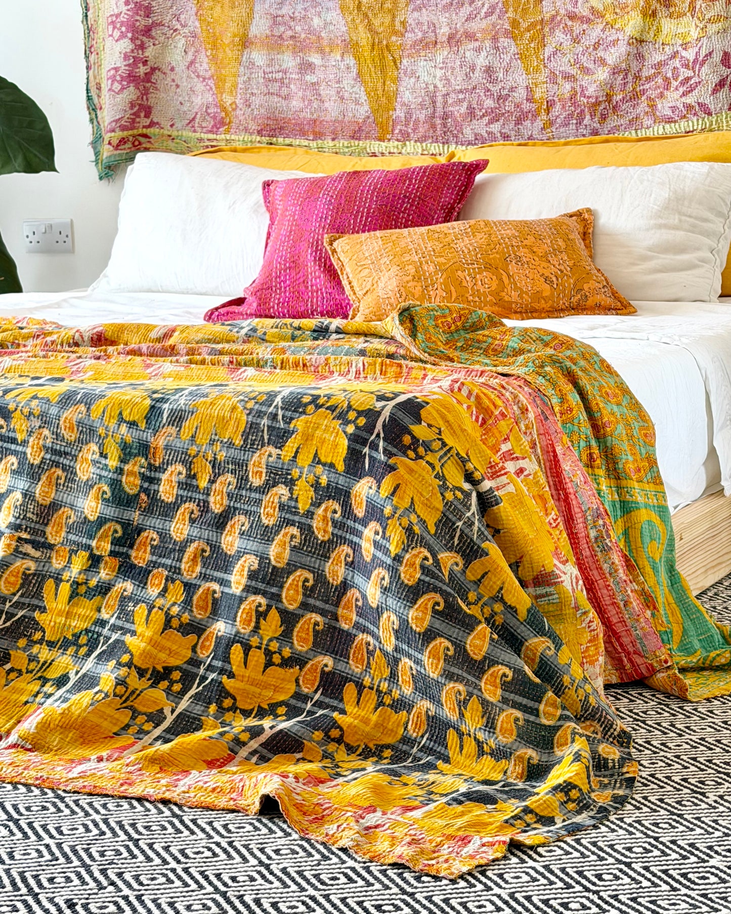 Extra Large Large Fine Stitched Vintage Kantha Quilt in Orange and Navy Blue