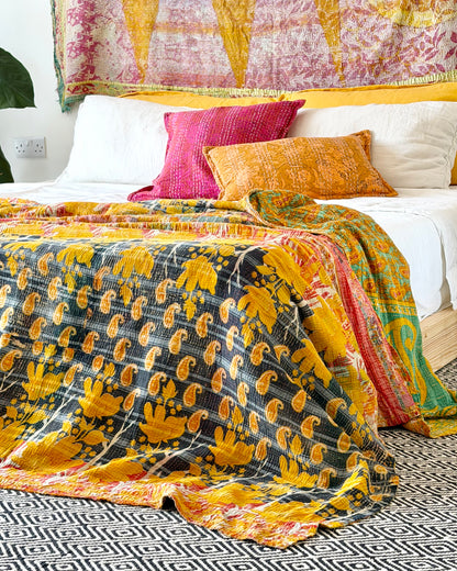 Extra Large Large Fine Stitched Vintage Kantha Quilt in Orange and Navy Blue
