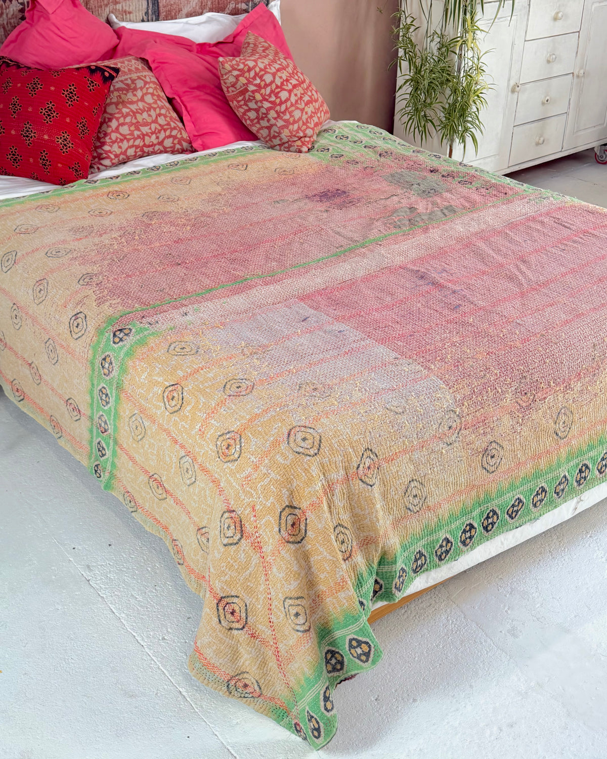 Large Embroidered Vintage Kantha Quilt in Pink, Green and Blue