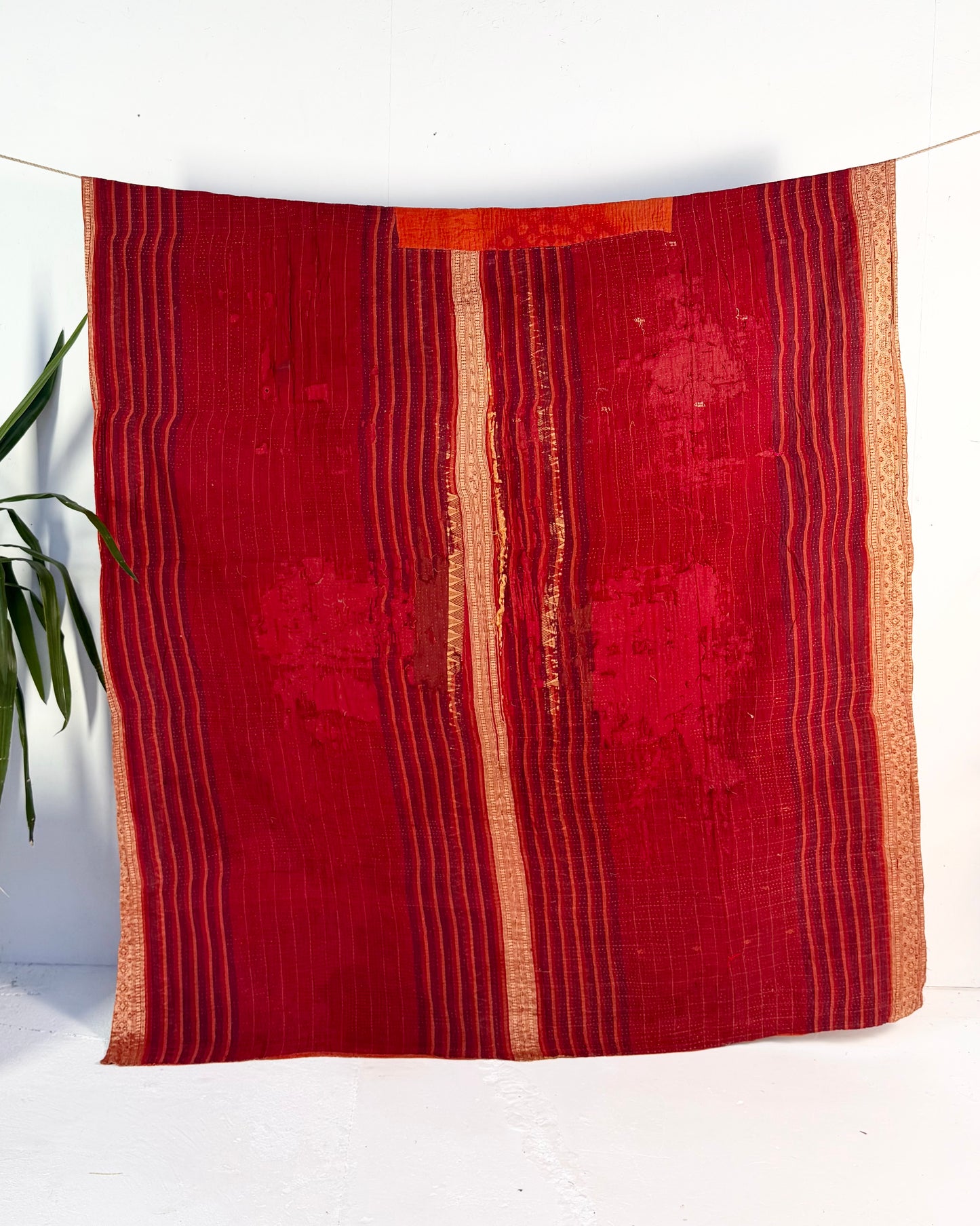 Extra Large Ajrakh Printed Vintage Kantha Quilt In Deep Red