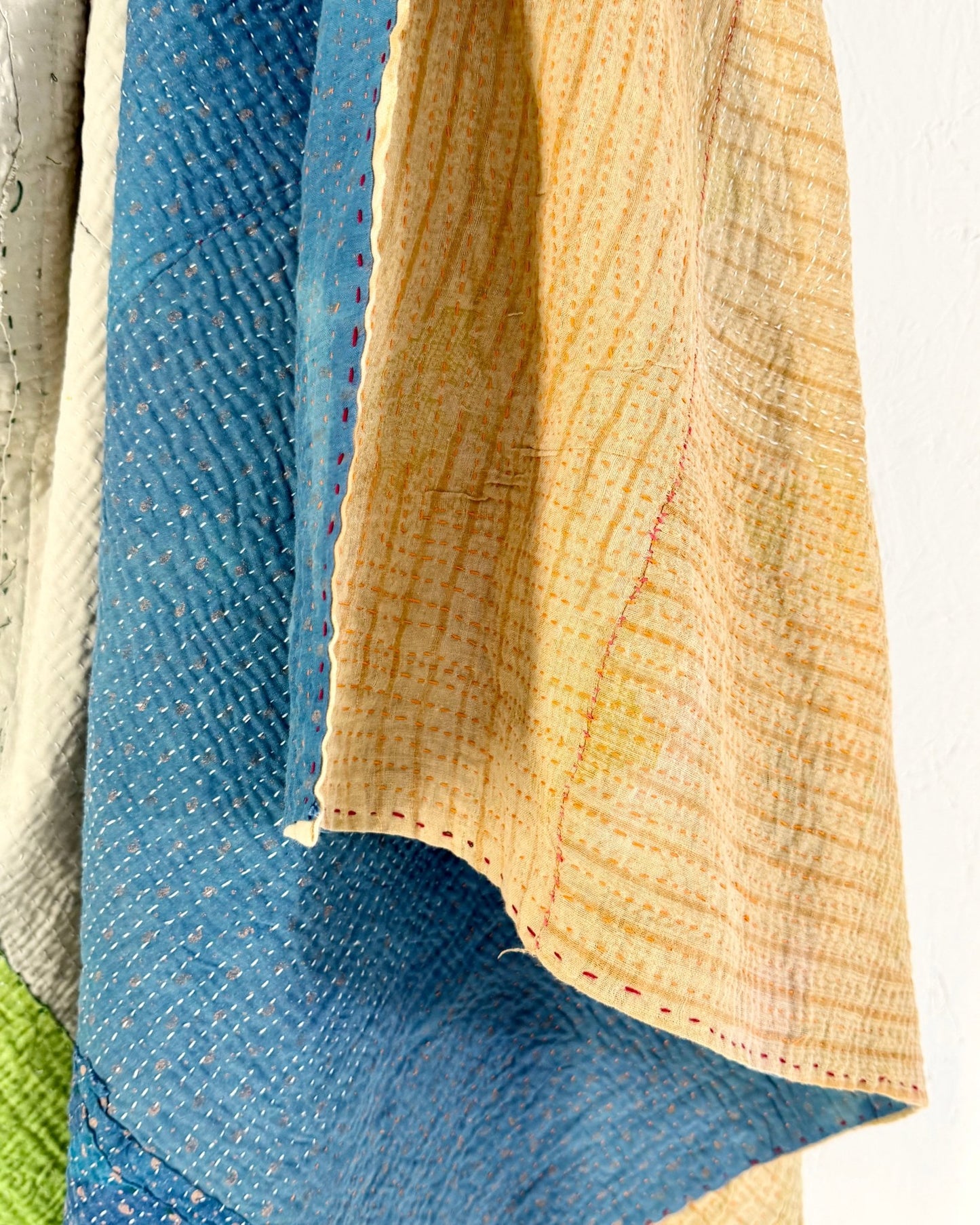 Fine Stitched Vintage Kantha Quilt in Patchwork Blue, White and Green - Biggs & Hill