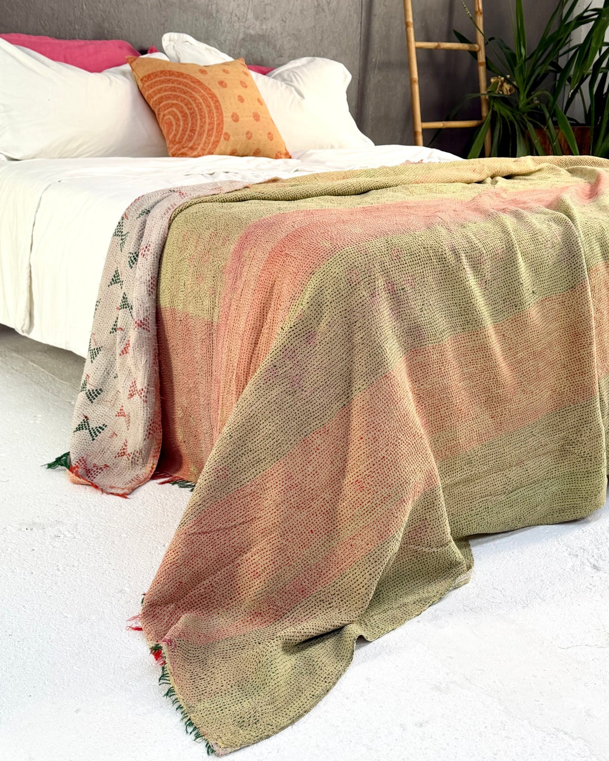 Embroidered Vintage Kantha Quilt in Peachy Pink, Yellow and White - Biggs & Hill