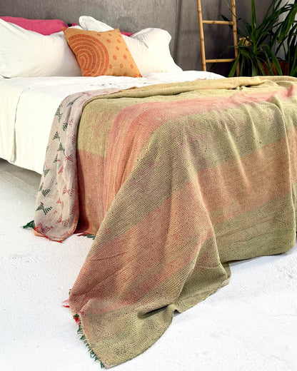 Embroidered Vintage Kantha Quilt in Peachy Pink, Yellow and White - Biggs & Hill