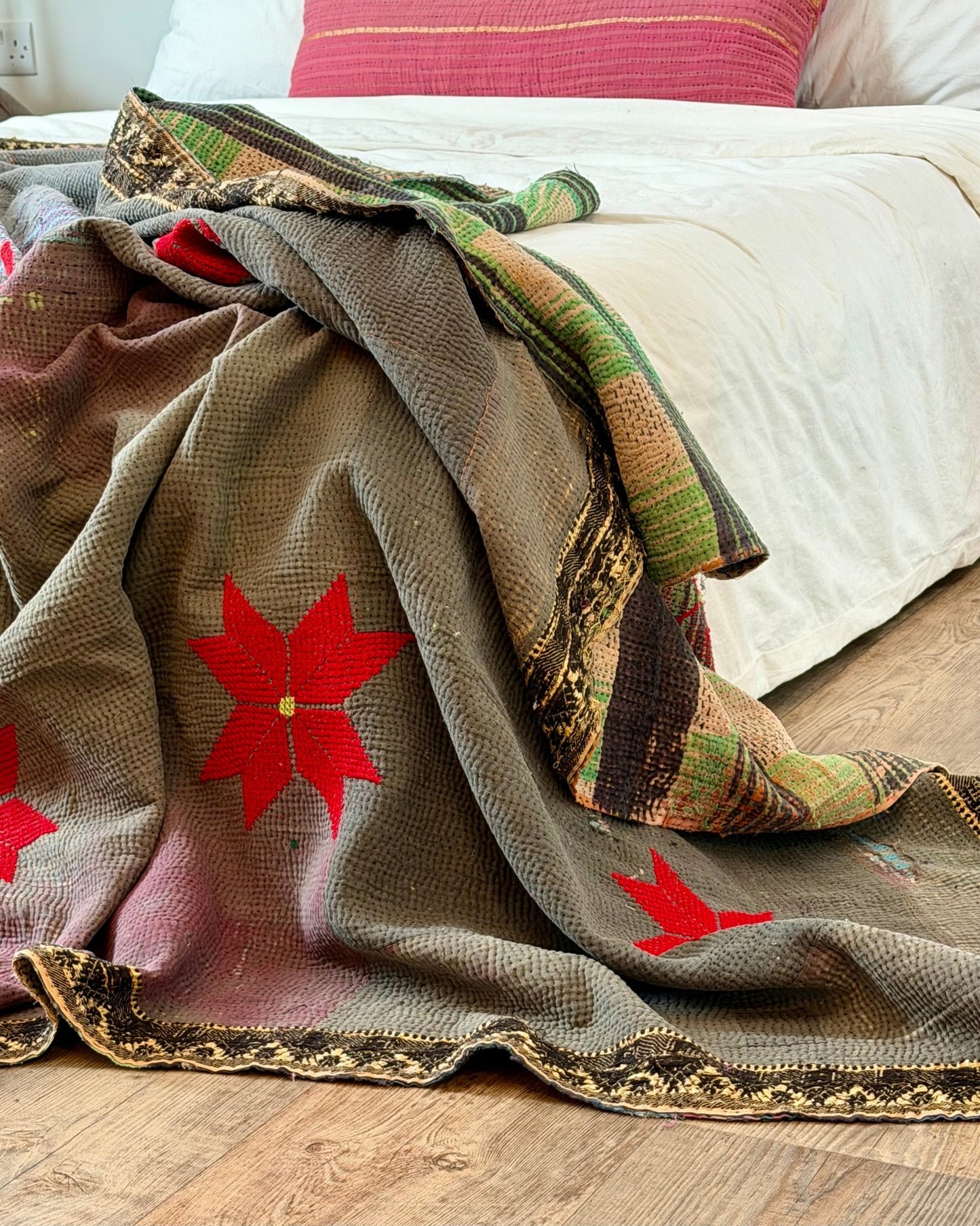 Large Fine Stitched Embroidered Vintage Kantha Quilt With Red Stars on Grey - Biggs & Hill