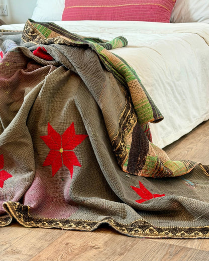 Large Fine Stitched Embroidered Vintage Kantha Quilt With Red Stars on Grey - Biggs & Hill