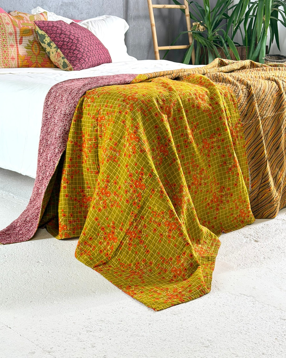 Fine Stitched Vintage Kantha Quilt in Pink, Yellow and Mustard - Biggs & Hill
