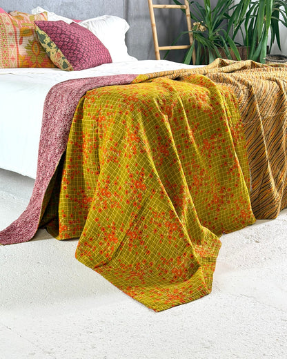 Fine Stitched Vintage Kantha Quilt in Pink, Yellow and Mustard - Biggs & Hill
